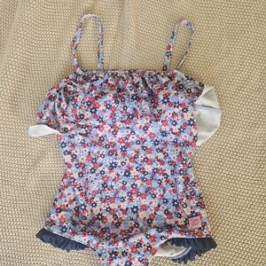 Ruffle Butts Floral Kids Swim One Piece - Blue and Red